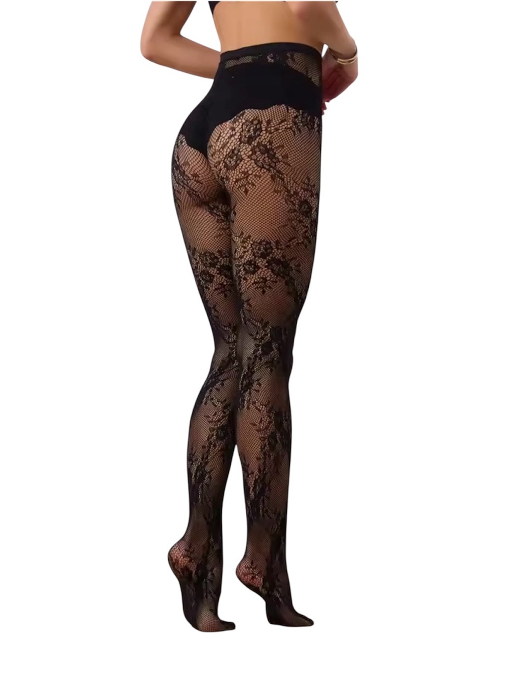 Floral Lace Patterned Full Length Tights Stockings | Black | One Size